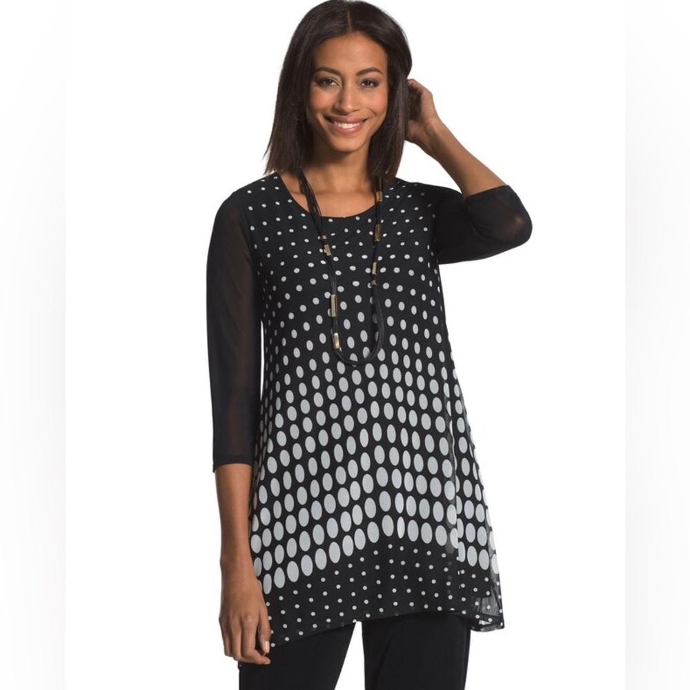 Chico’s Travelers Classic Dot Print Mesh Top Size 2 Large Black White
